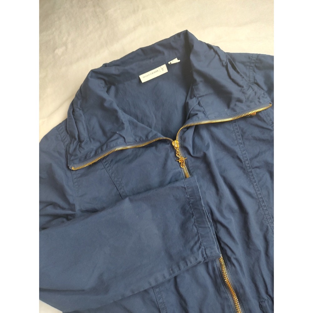 Susan Graver Navy Blue Cotton Utility Jacket‎ Zip Front Pockets Women's Size S
